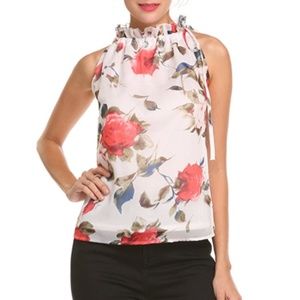 high neck ruffle sleeveless blouse